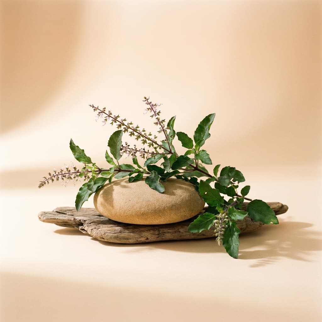 Sacred Tulsi (Ocimum tenuiflorum), one of the six botanicals in Tulsivedic herbal scalp oil