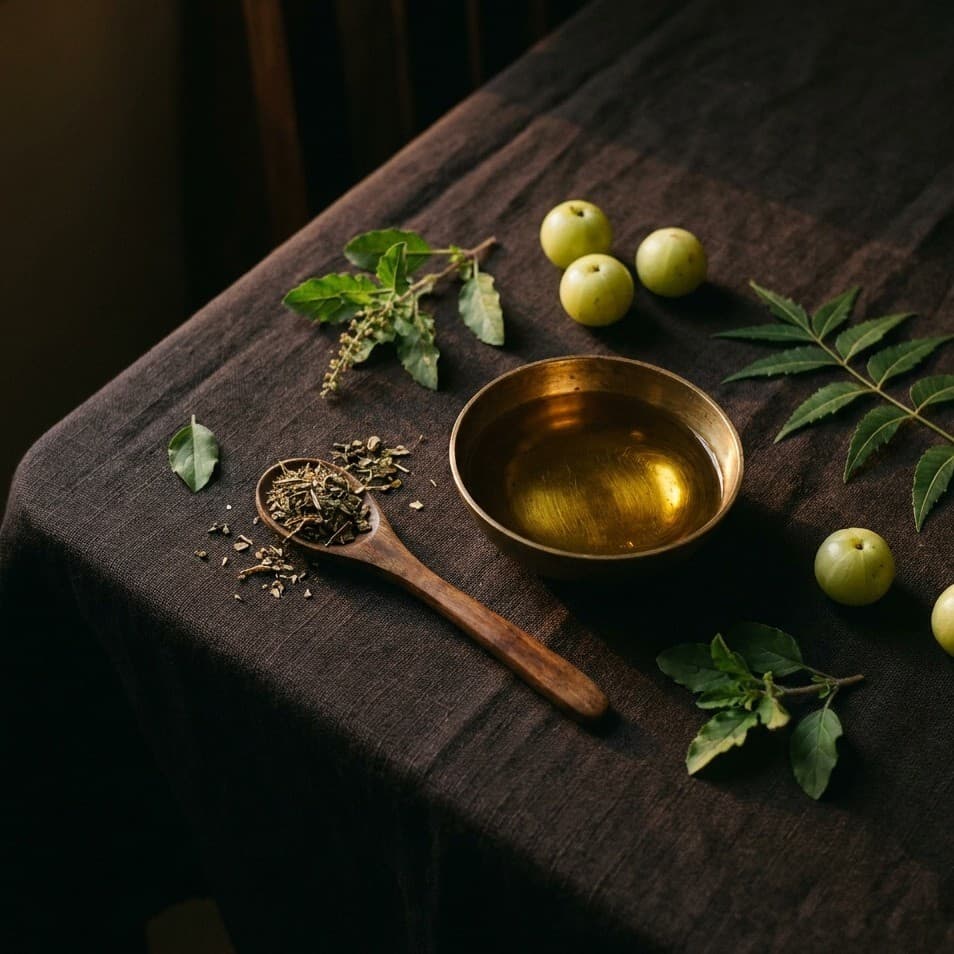 The Tulsivedic family apothecary: dried herbs, brass vessels and amber bottles on old wooden shelves