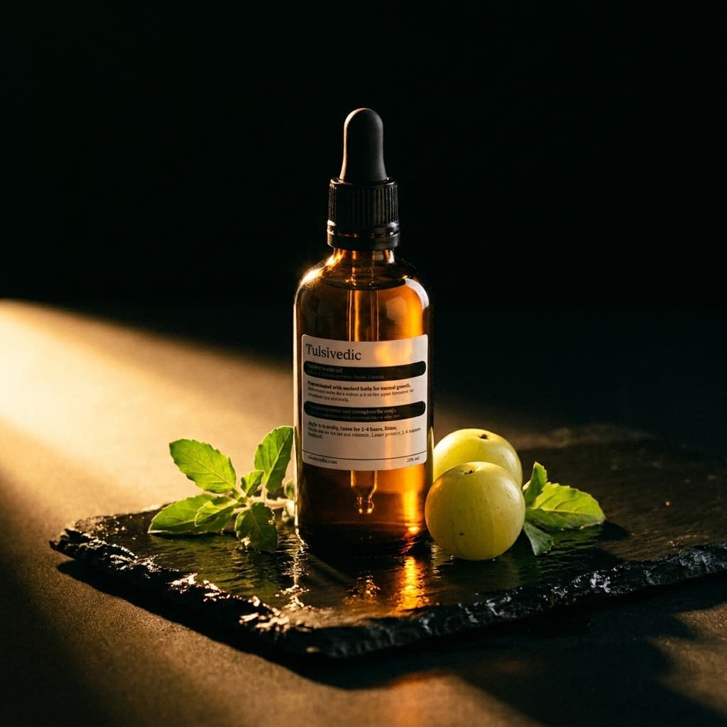 Tulsivedic herbal scalp oil bottle on black slate with fresh tulsi and amla