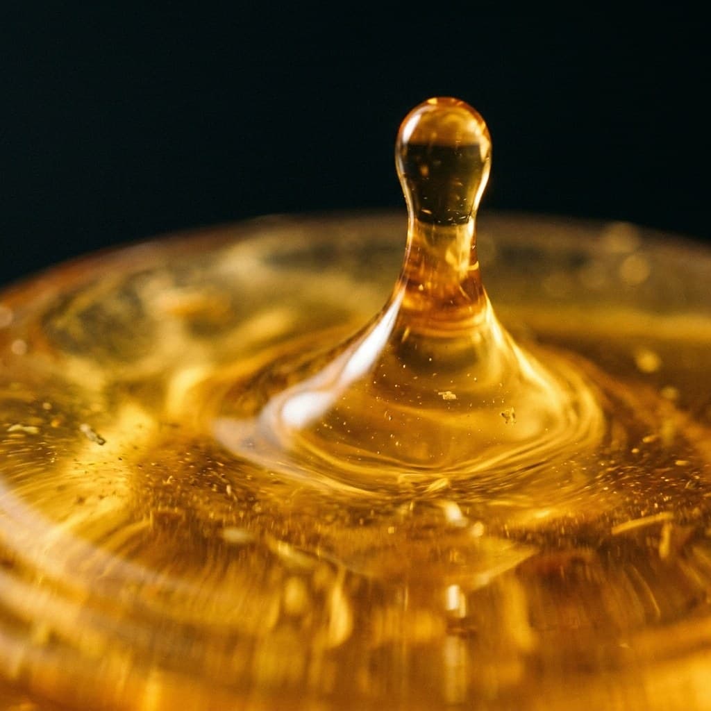 Golden herbal oil in close view, thick and slow, catching warm light